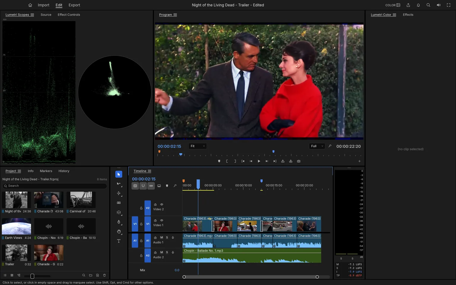 Tela do FilmCraft com monitores de cor, visualização do vídeo e linha do tempo com trilhas de vídeo e áudio