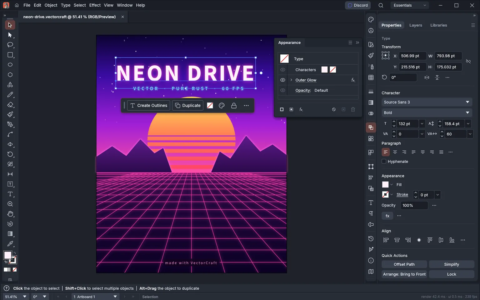 Tela do VectorCraft editando um pôster em estilo neon com o título NEON DRIVE selecionado e o painel de aparência aberto